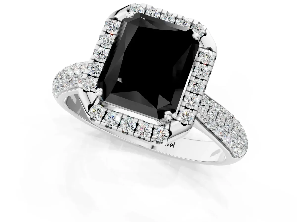 Fancy Black Radiant Cut Halo Diamond Ring with Pavé Band Platinum