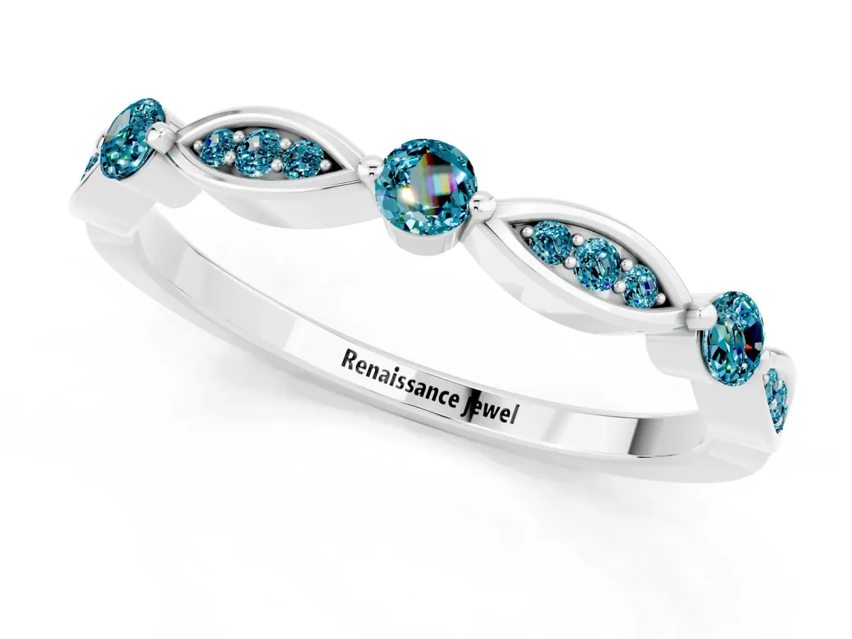 Marquise and Round Blue Topaz Milgrain Band with Bezel Setting Platinum