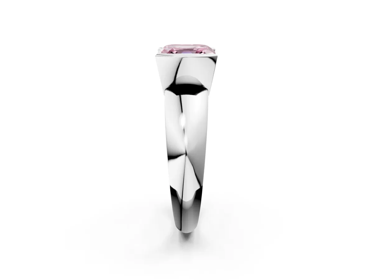 Fancy Pink Asscher Cut Solitaire Tension Set Diamond Ring with Wide Band Platinum