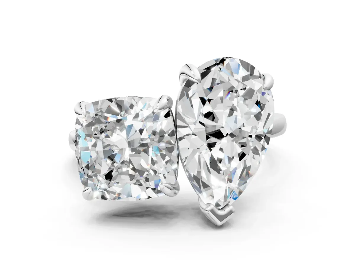 Pear and Cushion Toi Moi Ring with Prong Setting and Plain Band Silver