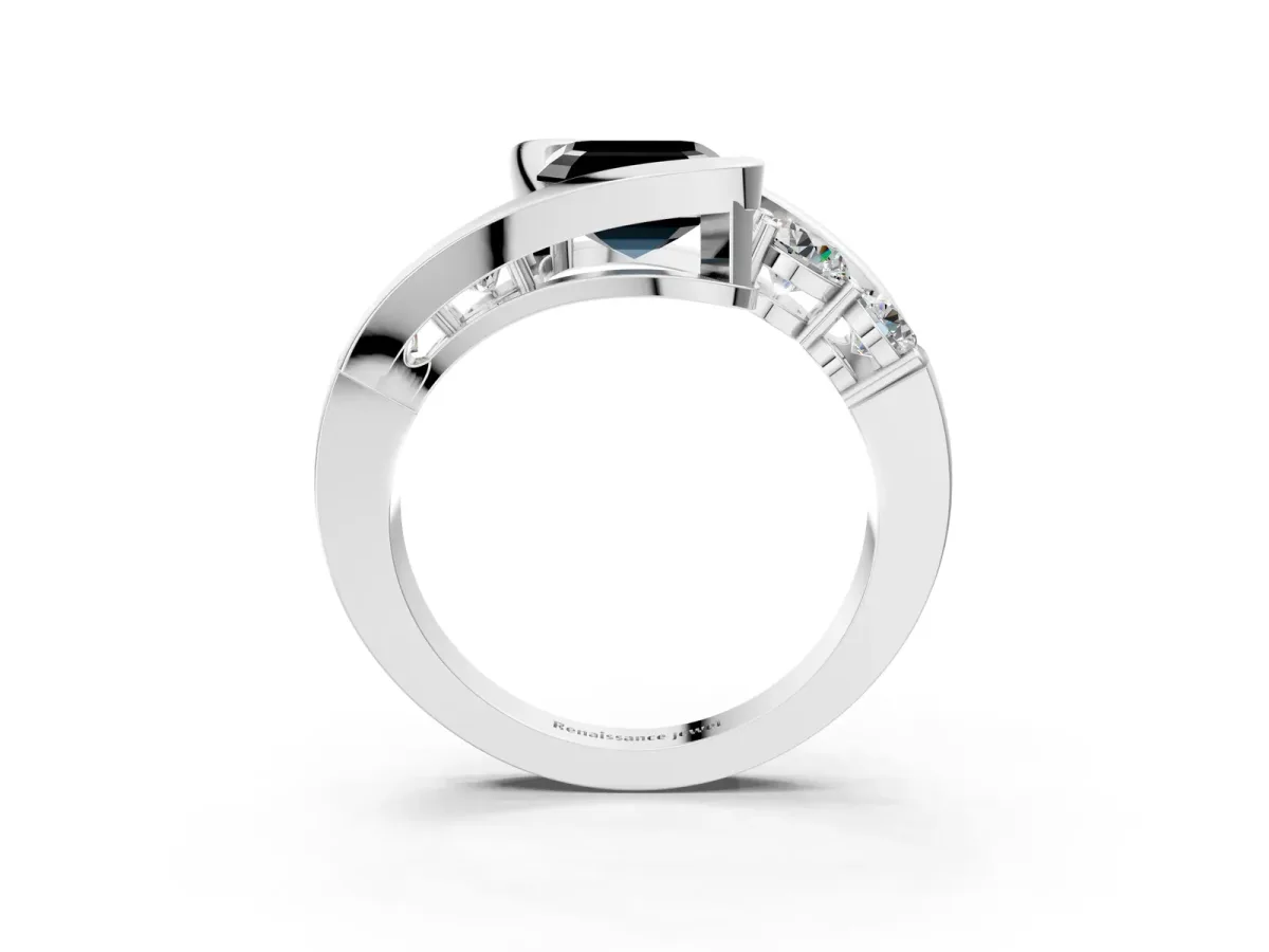 Fancy Black Bezel Set Asscher Cut Diamond Bypass Ring with Round Accents Platinum