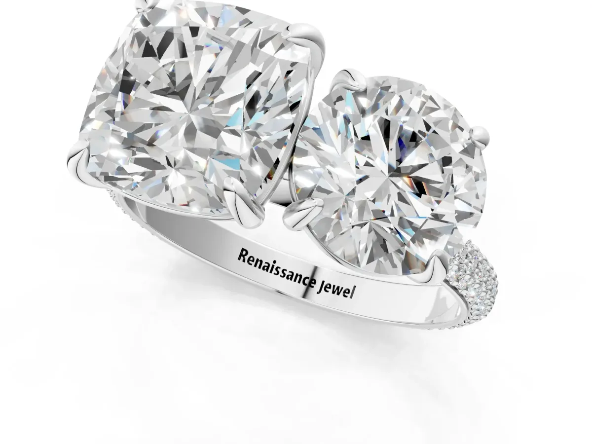 Round and Cushion Toi Moi Ring with Prong Setting and Micro Pave Band Platinum