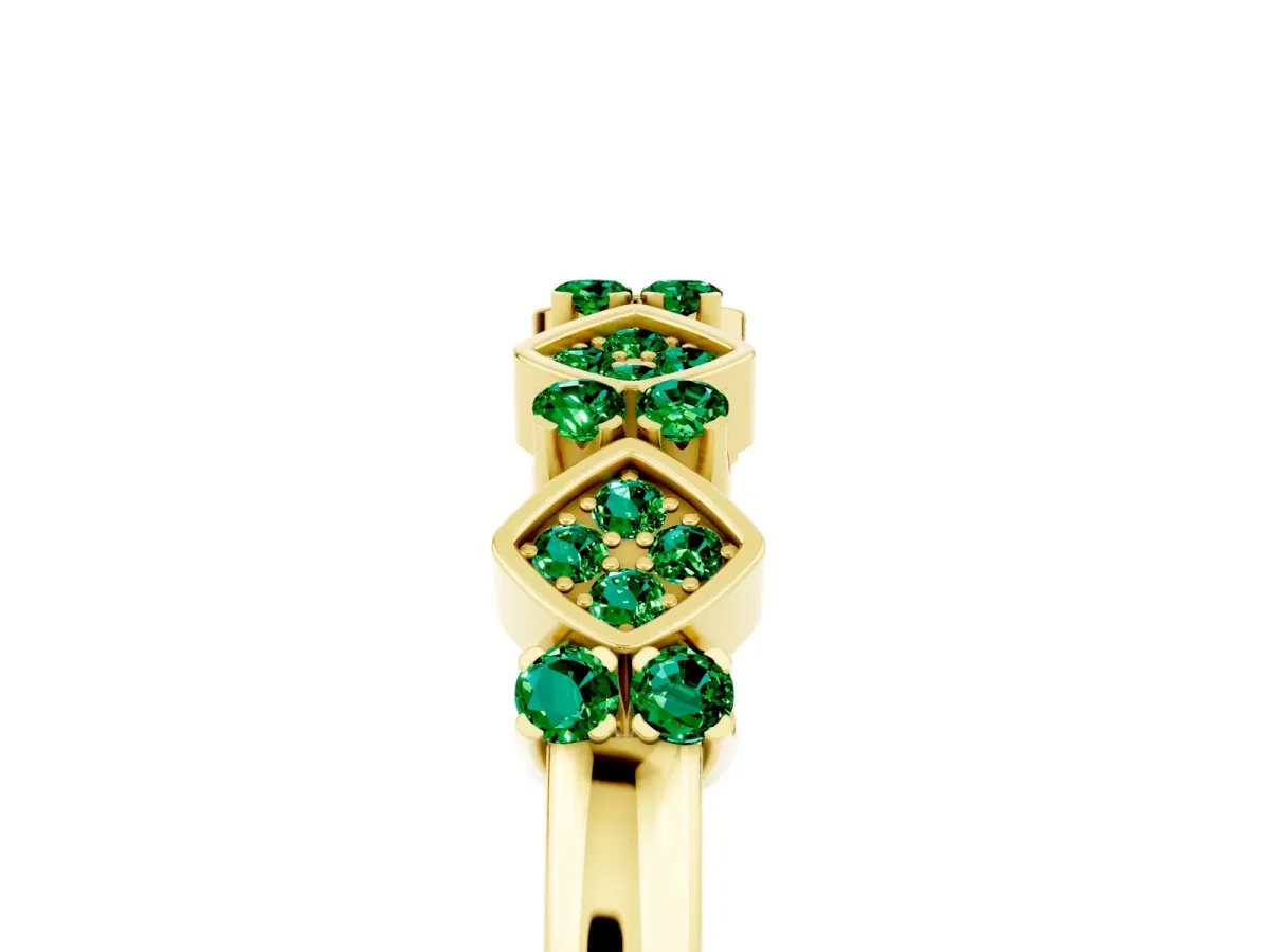 Pavé Cushion Emerald Cluster Eternity Band with Prong Setting Yellow gold