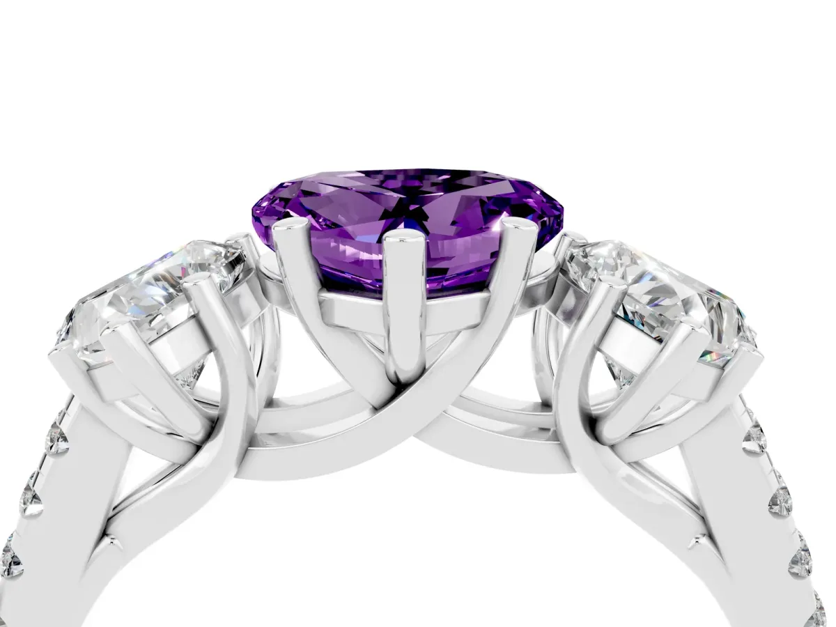 Three-Stone Heart Cut Amethyst Ring with Round Pavé Band and Prong Setting Silver