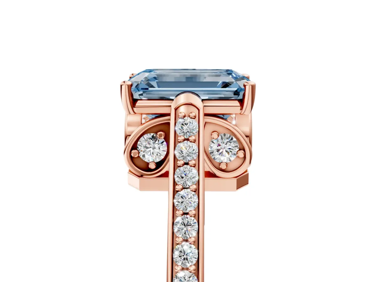 Fancy Blue Emerald Cut Cut Cathedral Pave Diamond Engagement Ring with Six-Prong Setting Rose gold