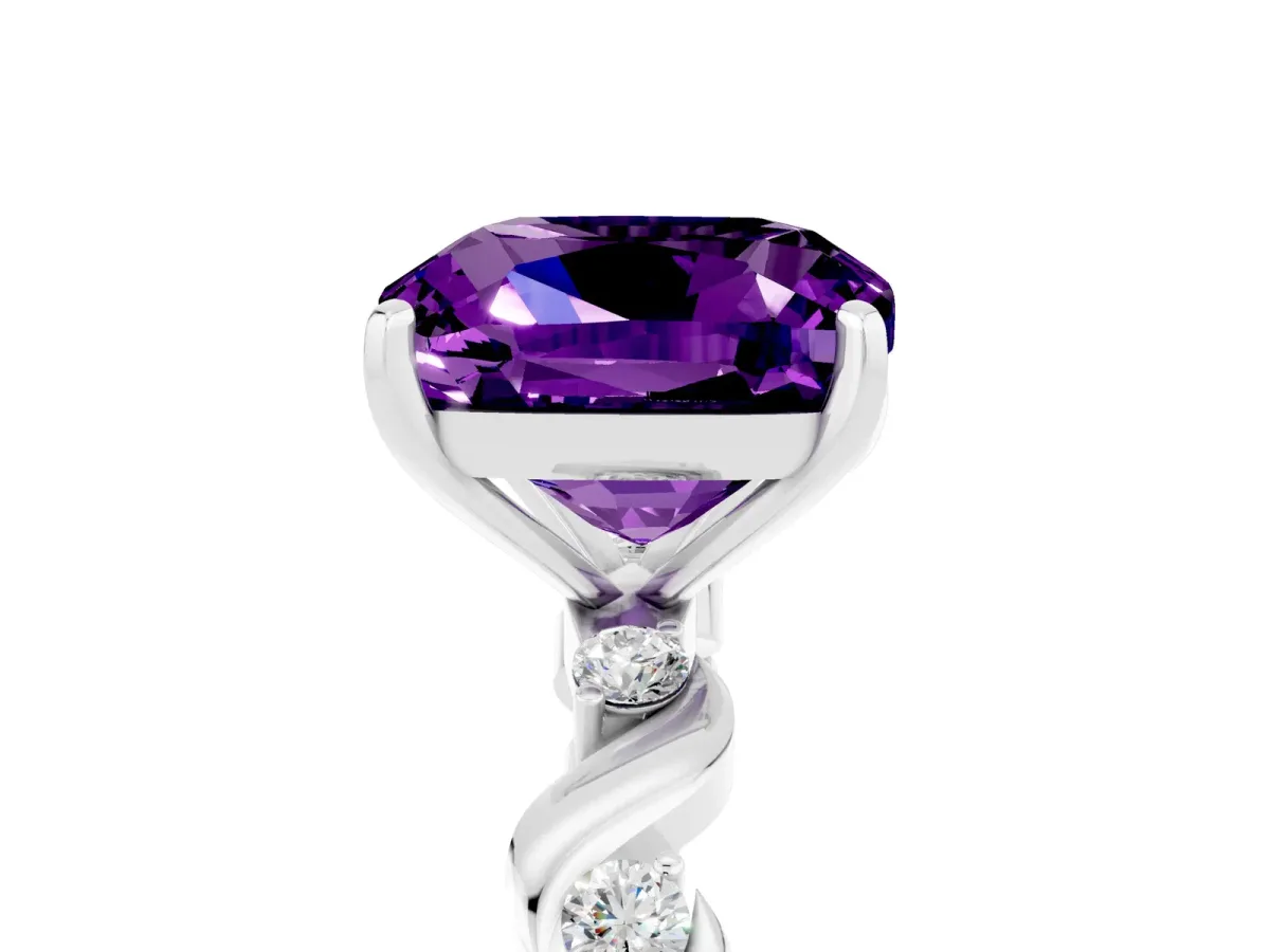 Cushion Cut Amethyst Solitaire Twisted Band with Round Accents and Prong Setting Silver