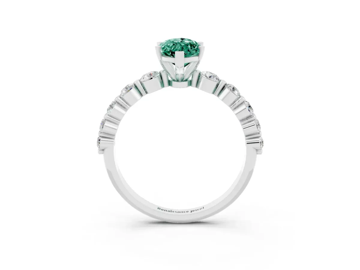 Marquise Cut Solitaire Green Sapphire Ring with Pave Band and Four-Prong Setting Silver