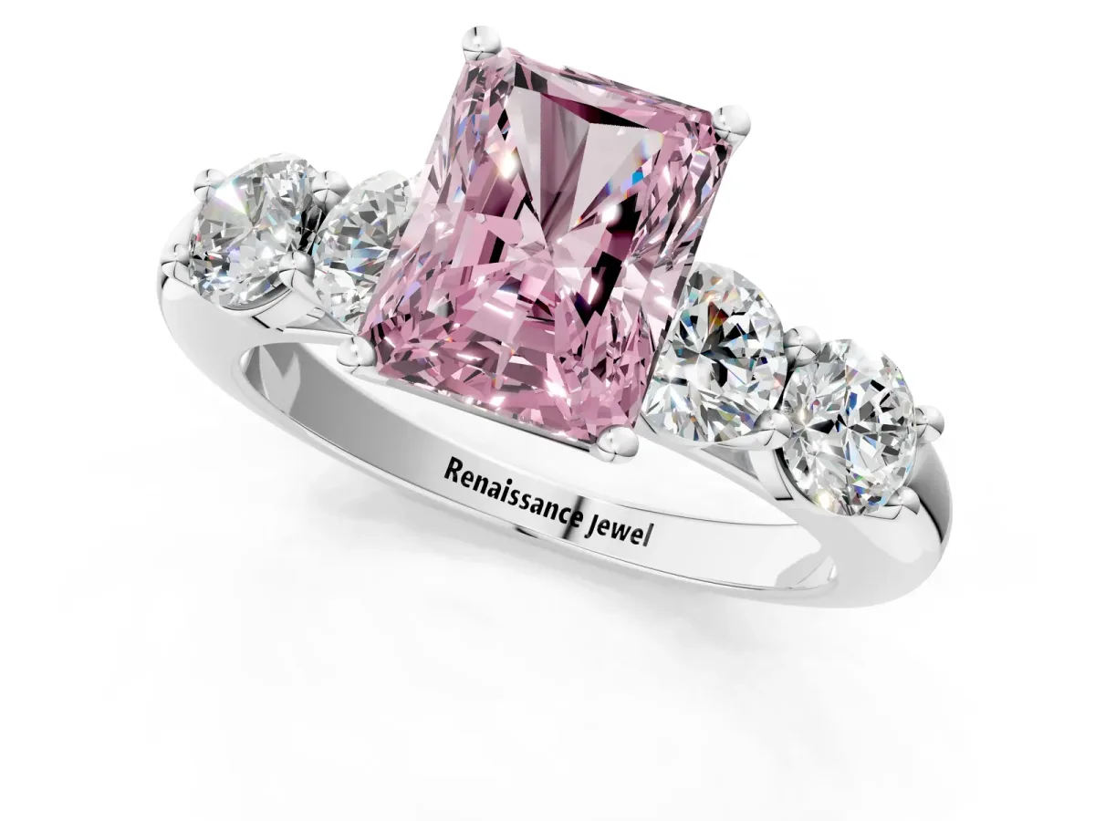 Fancy Pink Radiant Cut Cut Five-Stone Prong Set Diamond Ring with Classic Band Platinum