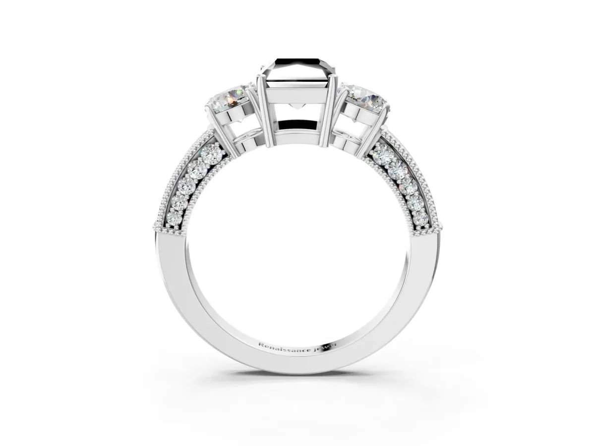 Fancy Black Radiant Cut Three-Stone Diamond Ring with Pavé Band and Four-Prong Setting Platinum