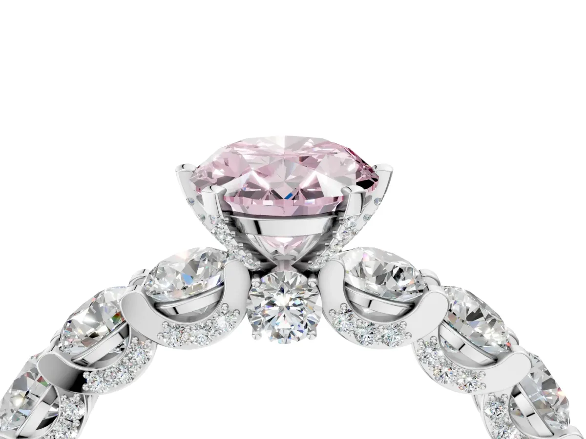 Fancy Pink Oval Cut Diamond Side Stone Engagement Ring with Four-Prong Setting Silver