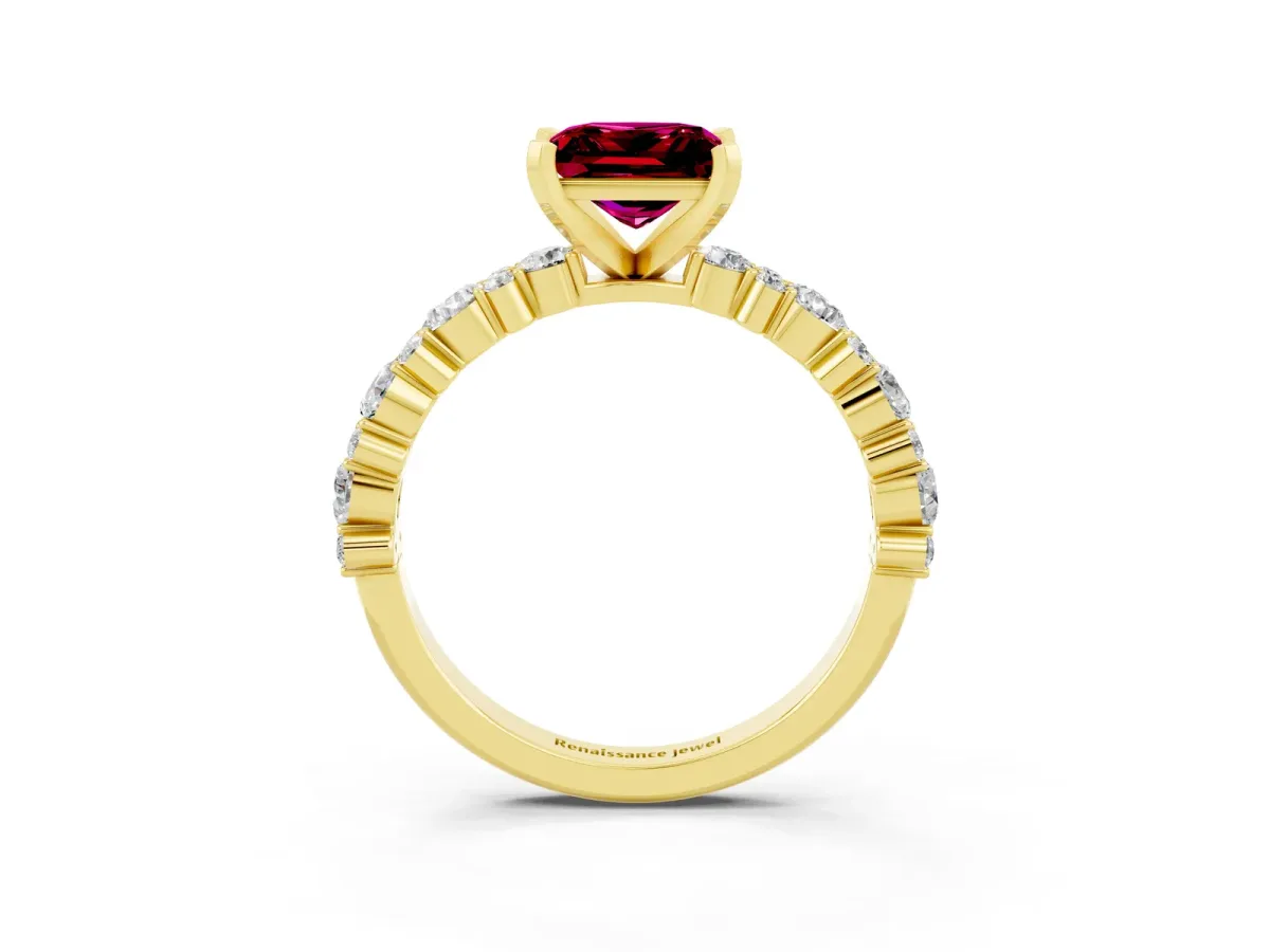 Princess Cut Garnet Side Stone Solitaire Ring with Round and Four-Prong Setting Yellow gold