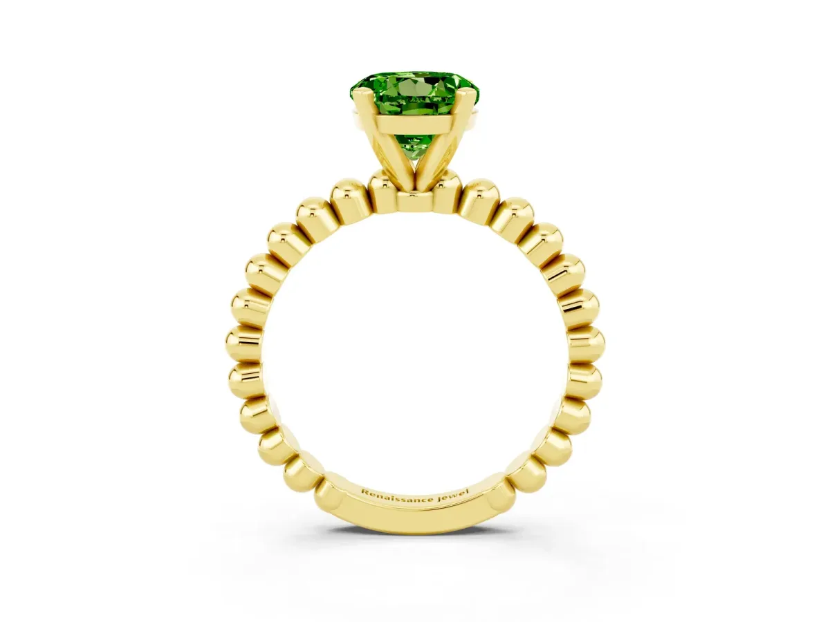 Round Cut Peridot Solitaire Ring with Beaded Band and Prong Setting Yellow gold
