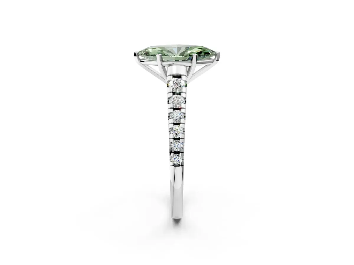 Fancy Green Marquise Cut Diamond Cathedral Solitaire Ring with Round Pavé Band Silver