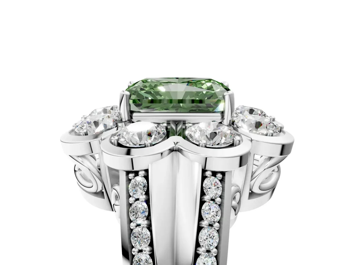 Fancy Green Radiant Cut Brilliant Flower Halo Diamond Split Shank Ring Platinum