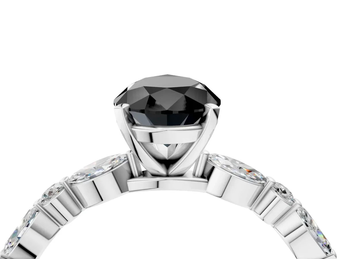 Fancy Black Pear Cut Diamond Ring with Marquise and Round Side Stones and Four-Prong Setting Silver