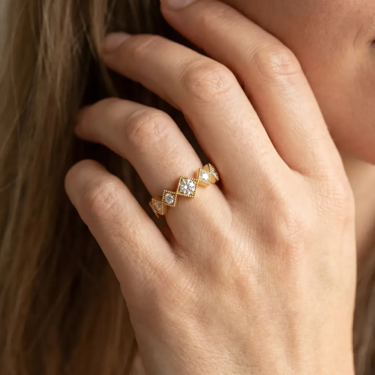 Milgrain Square Bezel Round Diamond Chevron Band Yellow gold
