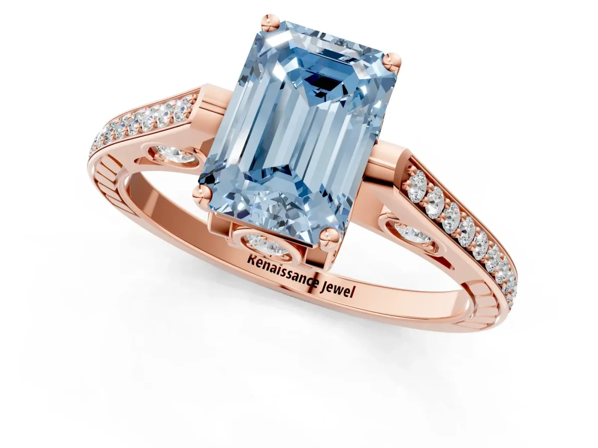 Fancy Blue Emerald Cut Cut Cathedral Pave Diamond Engagement Ring with Six-Prong Setting Rose gold