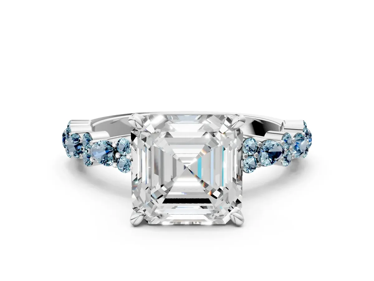 Asscher Cut Diamond Side Stone Solitaire Ring with Round Aquamarine and Four-Prong Setting Silver