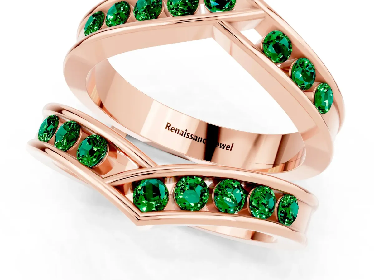 Round Emerald Channel-Set Chevron Band Rose gold