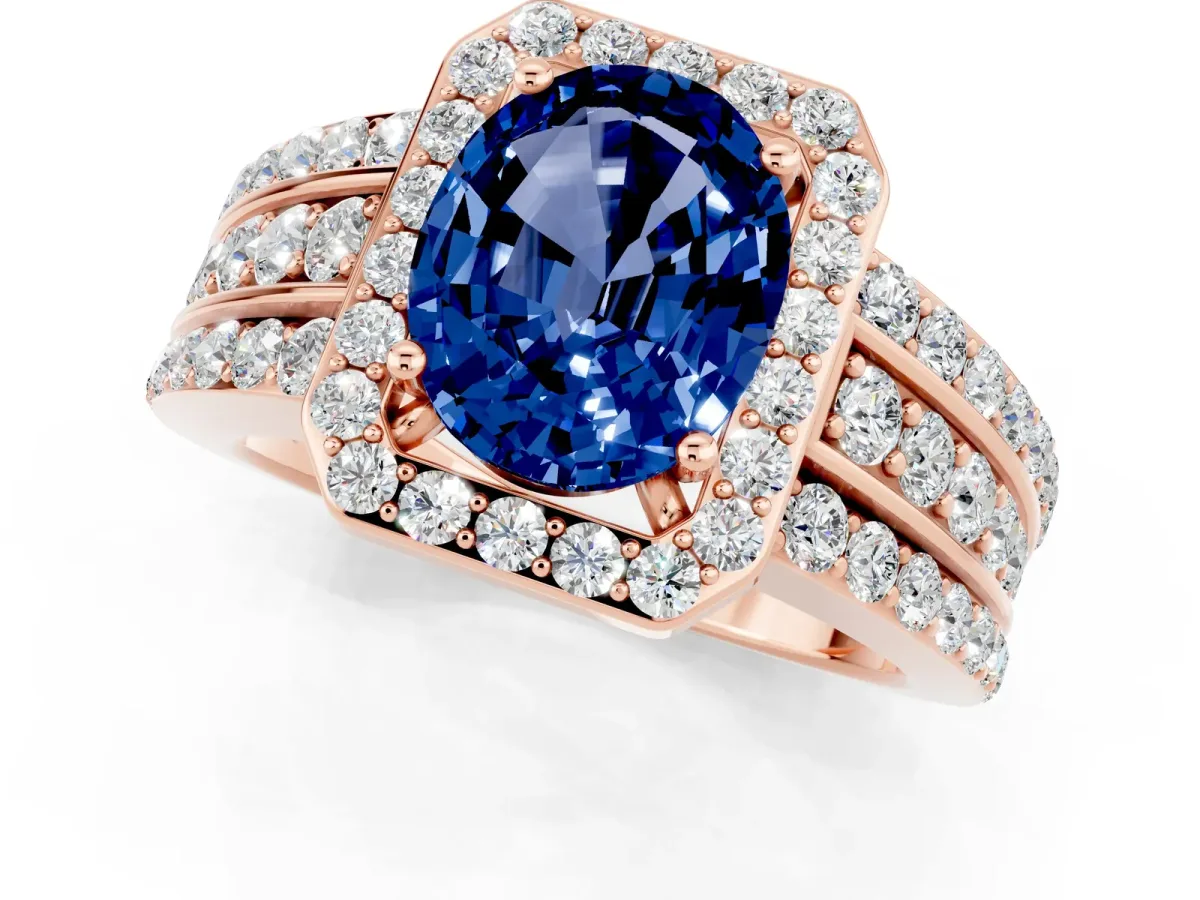 Oval Cut Halo Blue Sapphire Ring with Round Split Shank and Prong Setting Rose gold