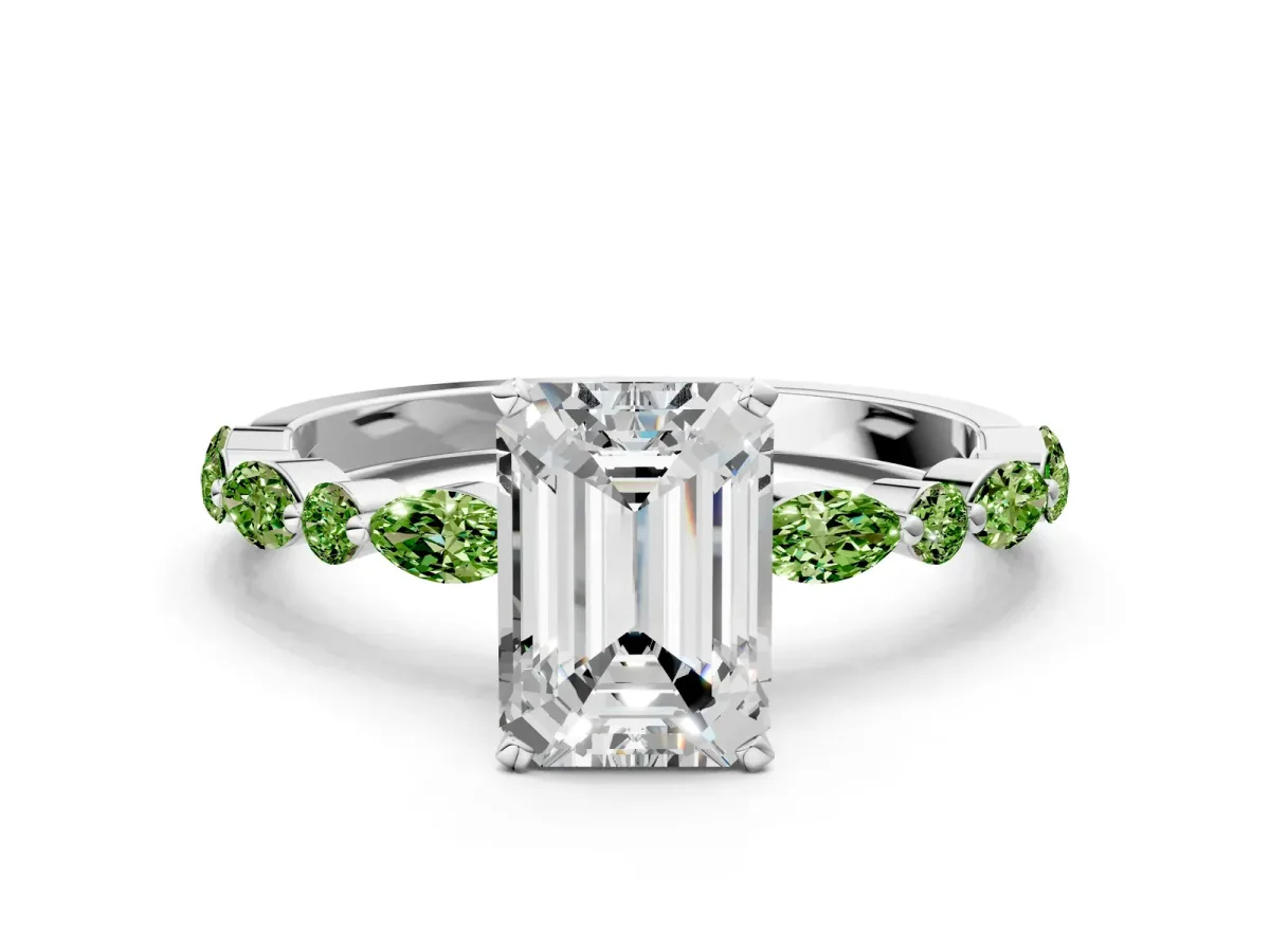 Emerald Cut Diamond Ring with Marquise and Round Peridot Side Stones and Four-Prong Setting Silver