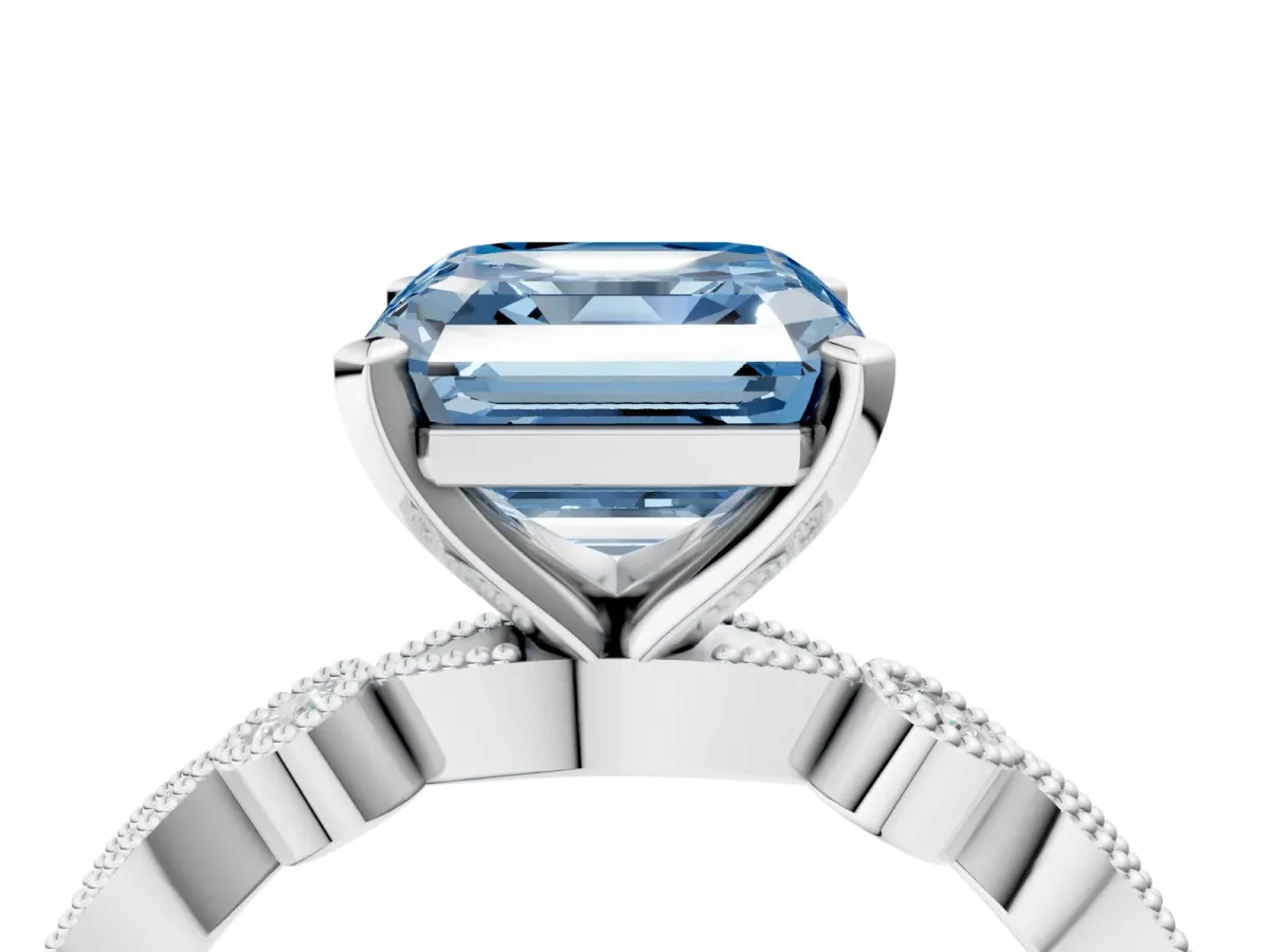 Fancy Blue Asscher Cut Milgrain Bezel Diamond Engagement Ring with Solitaire Prong Setting Platinum