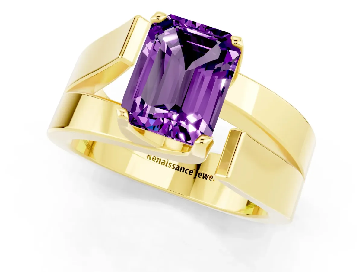 Modern Tension Set Emerald Cut Amethyst Solitaire Wide Band Ring Yellow gold
