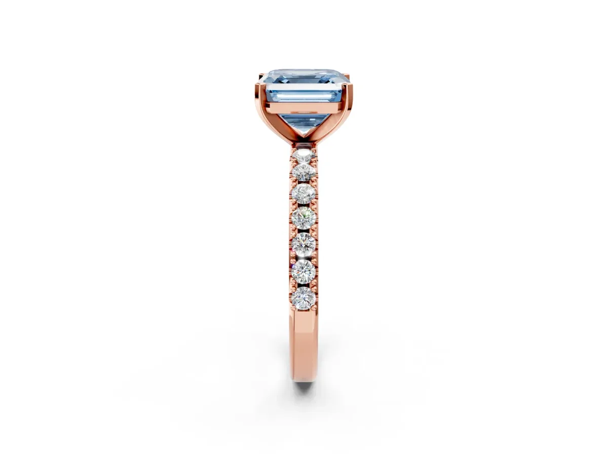 Fancy Blue Asscher Cut Diamond Solitaire Pavé Band with Four-Prong Setting Rose gold