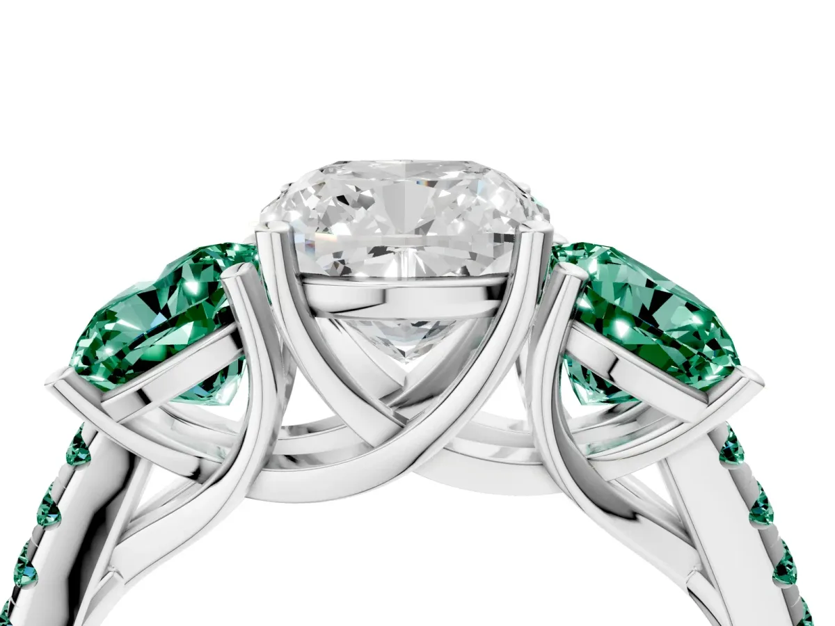 Three-Stone Cushion Cut Diamond Ring with Round Green Sapphire Pavé Band and Prong Setting Silver