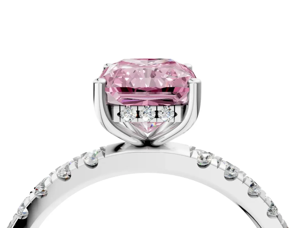 Fancy Pink Radiant Cut Diamond Pave Band Solitaire Ring with Round and Prong Setting Silver