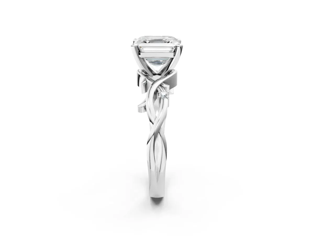 Asscher Cut Diamond Solitaire Ring with Twisted Band and Prong Setting Silver