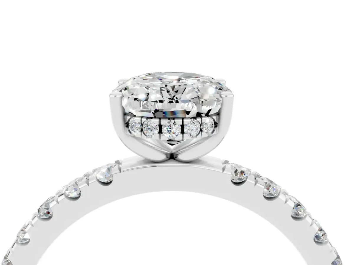 Oval Cut Moissanite Pave Band Solitaire Ring with Round and Prong Setting Silver