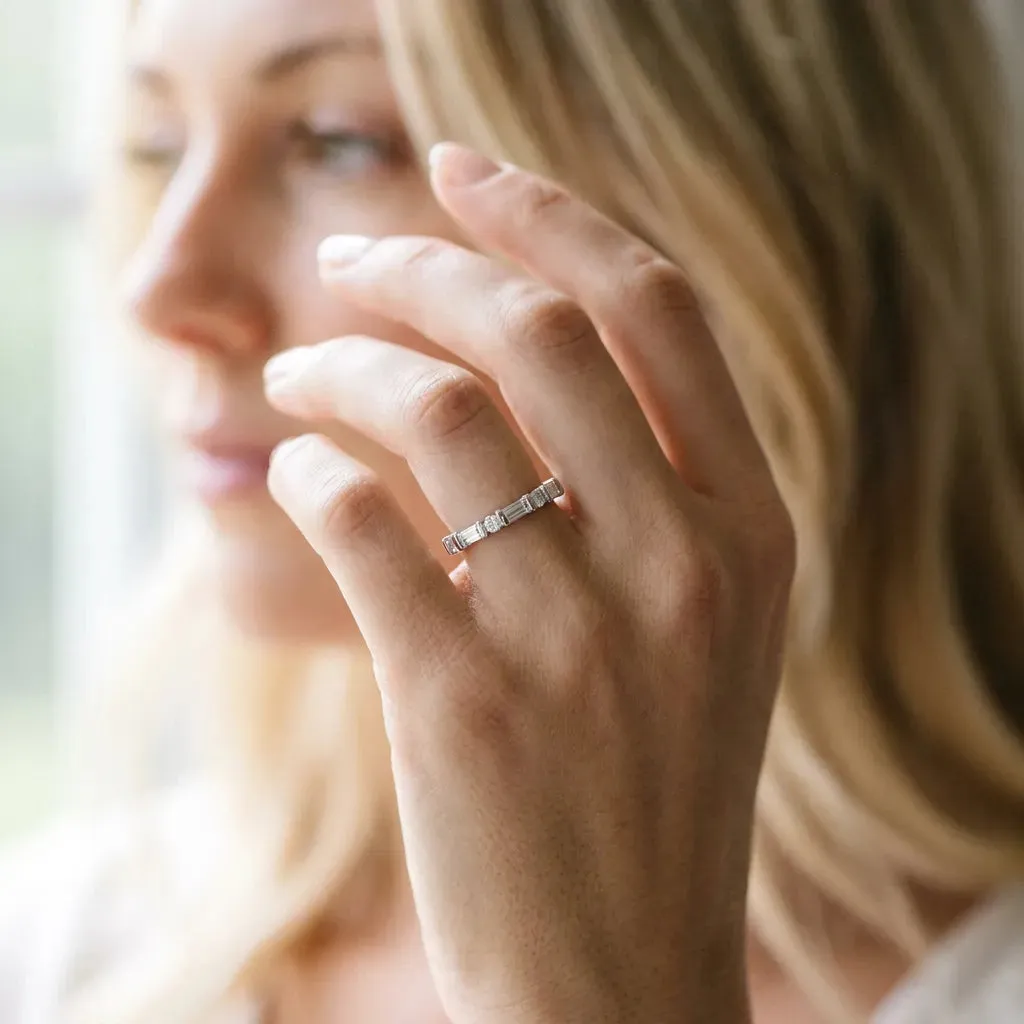 Baguette and Round Diamond Channel Set Half Eternity Band with Bar Prong Setting Silver