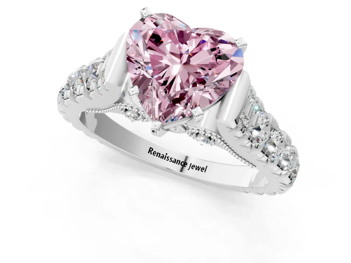 Fancy Pink Heart Cut Diamond Classic Solitaire Ring with Pavé Band and Four-Prong Setting Silver