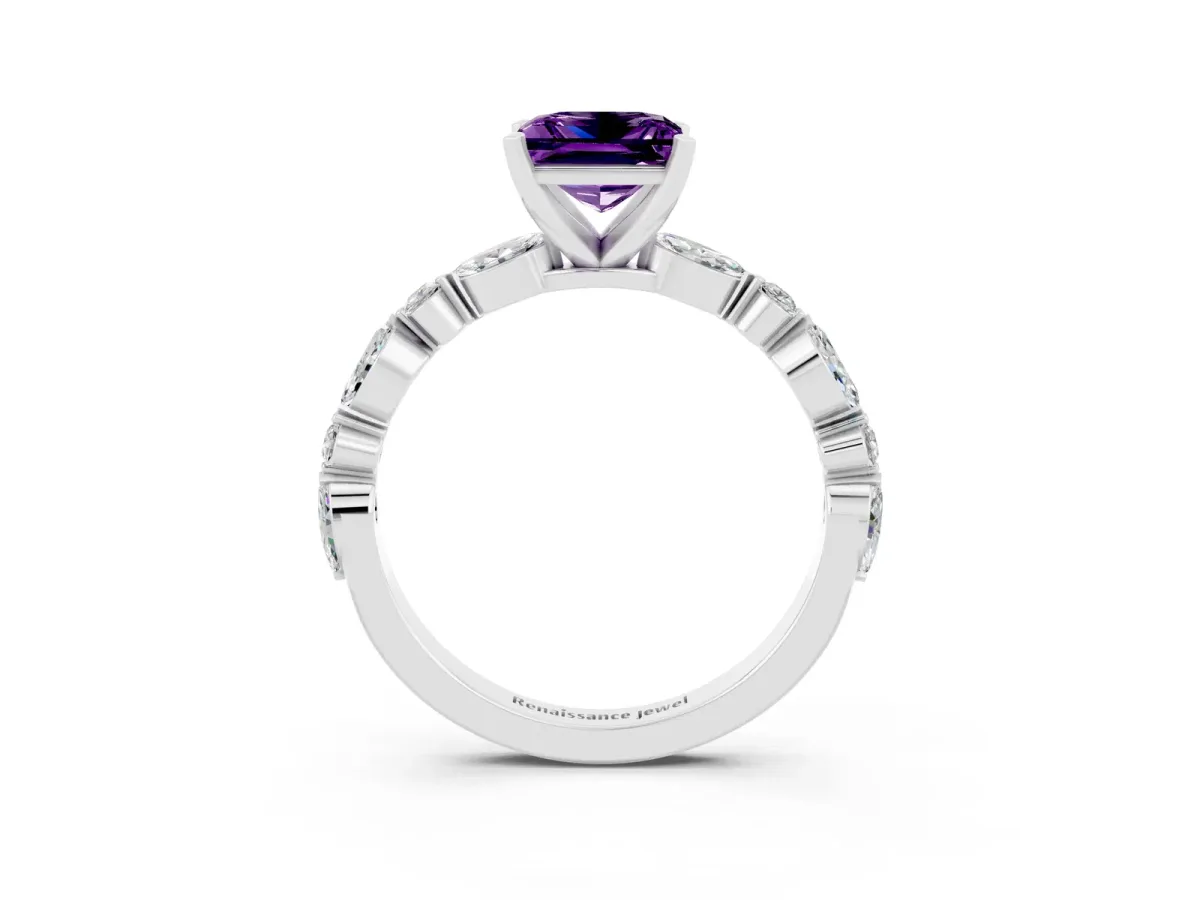 Princess Cut Amethyst Ring with Marquise and Round Side Stones and Four-Prong Setting Silver
