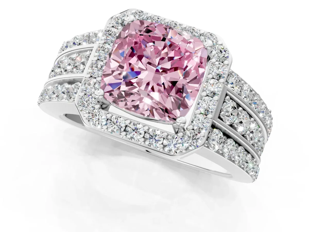 Fancy Pink Cushion Cut Halo Diamond Ring with Round Split Shank and Prong Setting Platinum