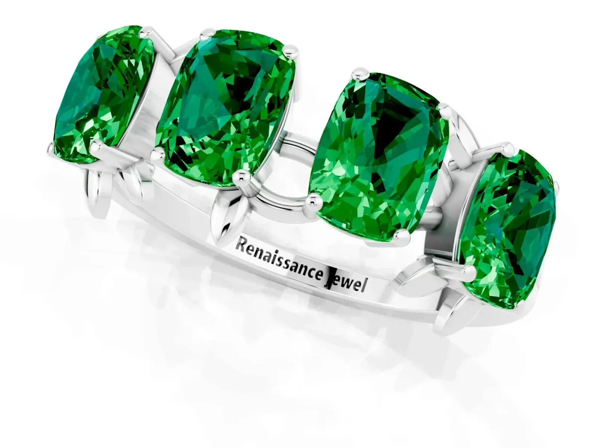 Four-Stone Elongated Cushion Emerald Band with Nature-Inspired Prong Setting Silver