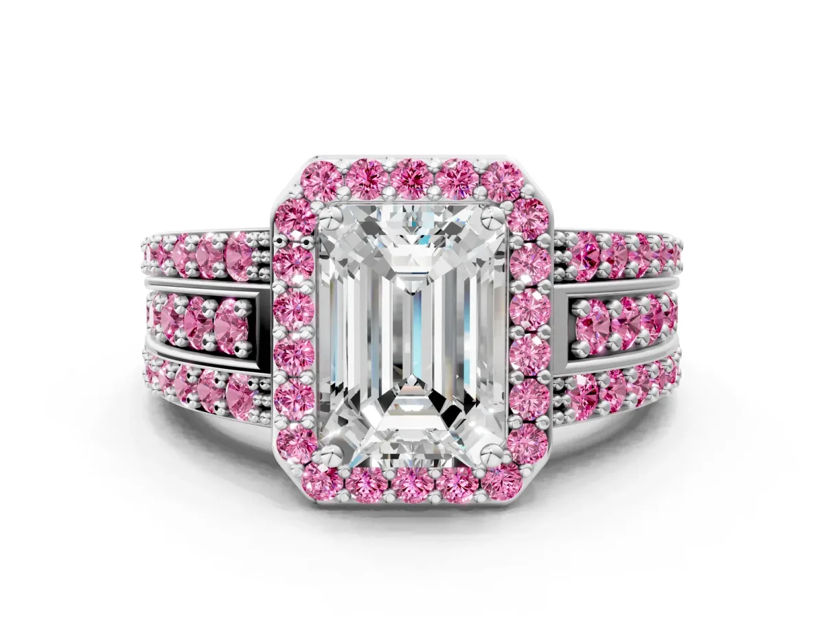 Emerald Cut Halo Diamond Ring with Round Pink Sapphire Split Shank and Prong Setting Platinum