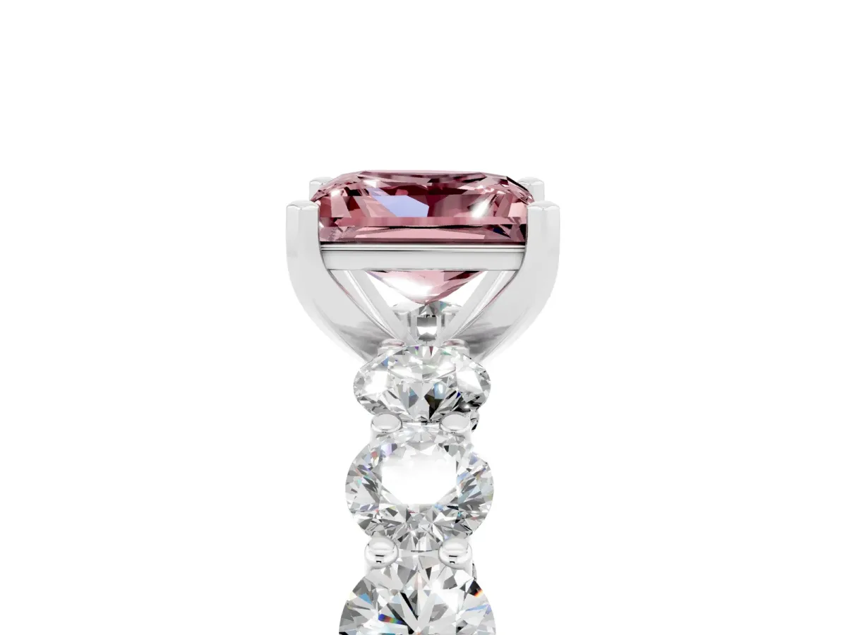 Princess Cut Morganite Prong Setting with Side Stones on a Pave Band Silver
