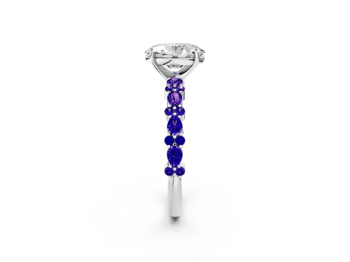 Oval Cut Diamond Side Stone Solitaire Ring with Round Tanzanite and Four-Prong Setting White gold