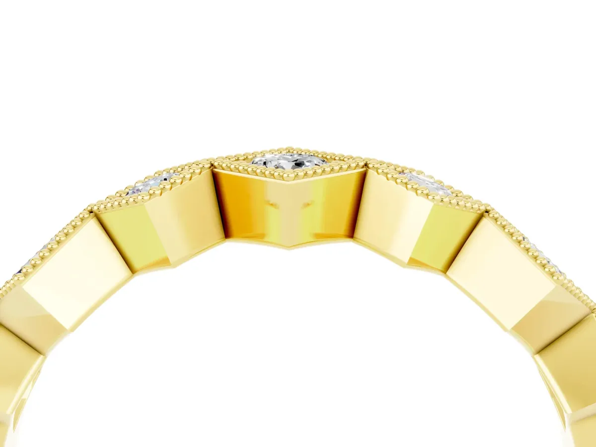 Milgrain Square Bezel Round Moissanite Chevron Band Yellow gold
