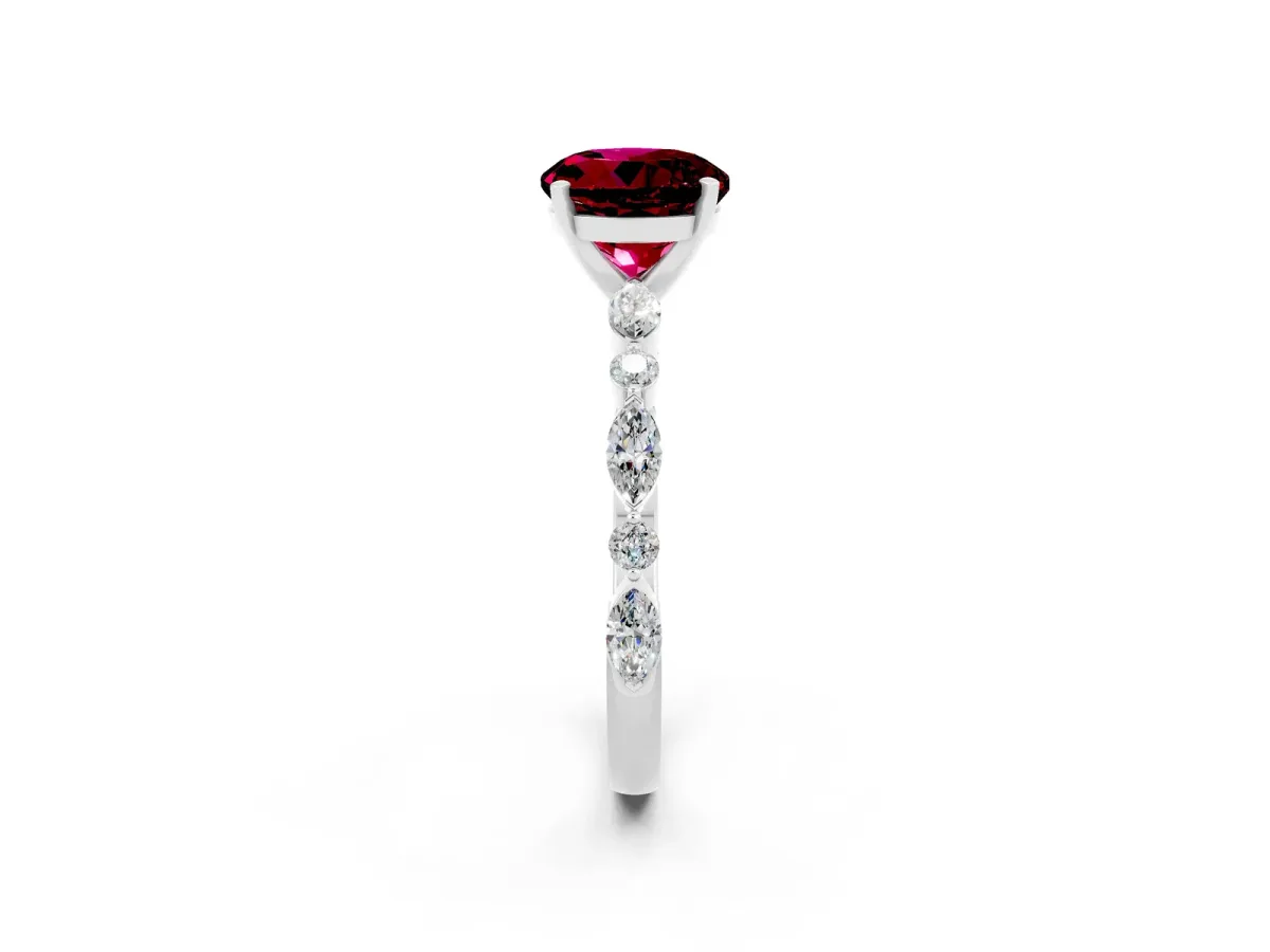 Round Cut Garnet Ring with Marquise and Round Side Stones and Four-Prong Setting Silver