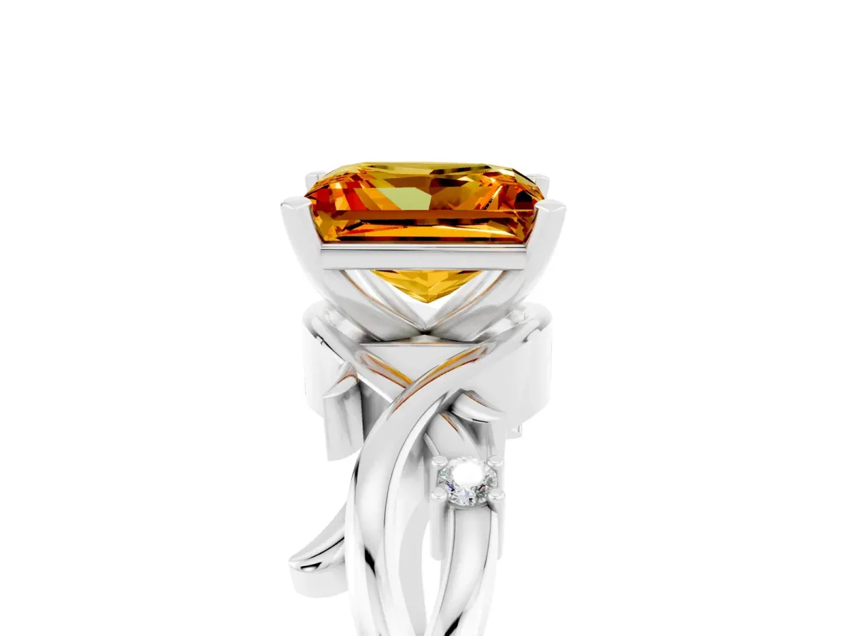Princess Cut Citrine Solitaire Ring with Twisted Band and Prong Setting Platinum