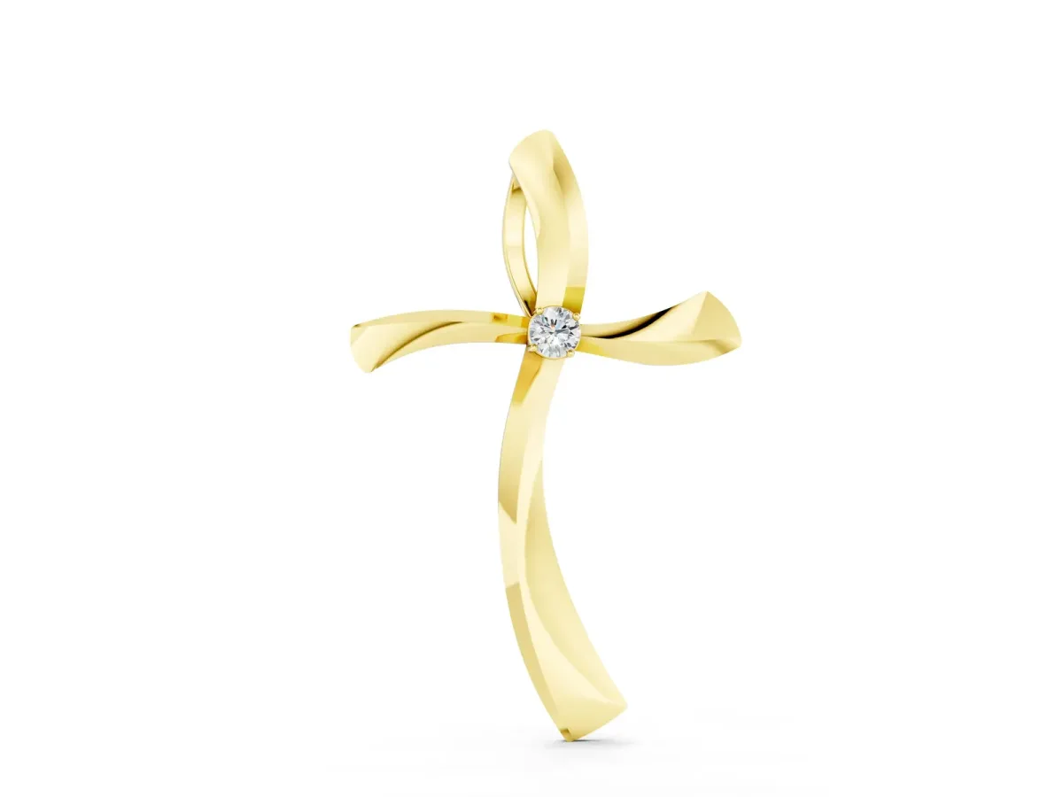 Curved Cross Pendant with Round Diamond in Bezel Setting Yellow gold
