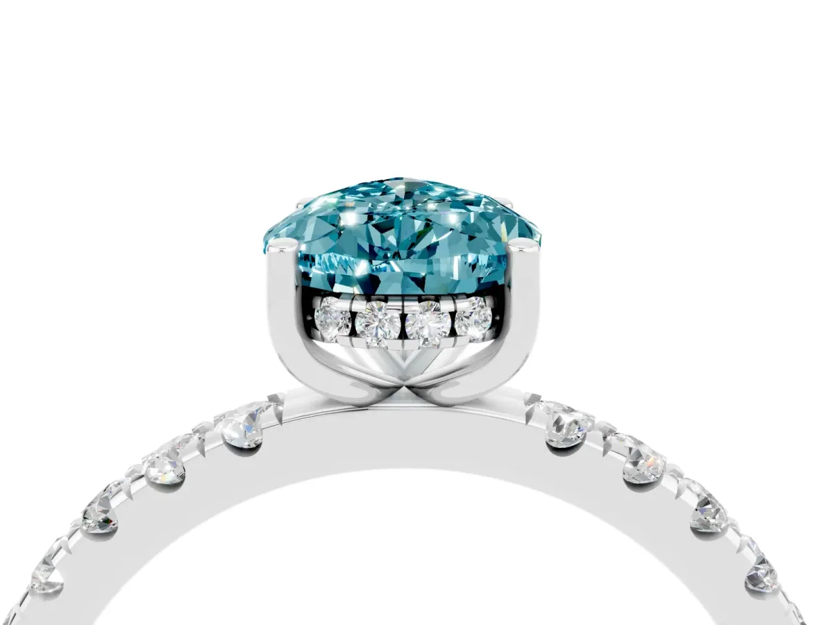 Pear Cut Blue Topaz Pave Band Solitaire Ring with Round and Prong Setting Platinum