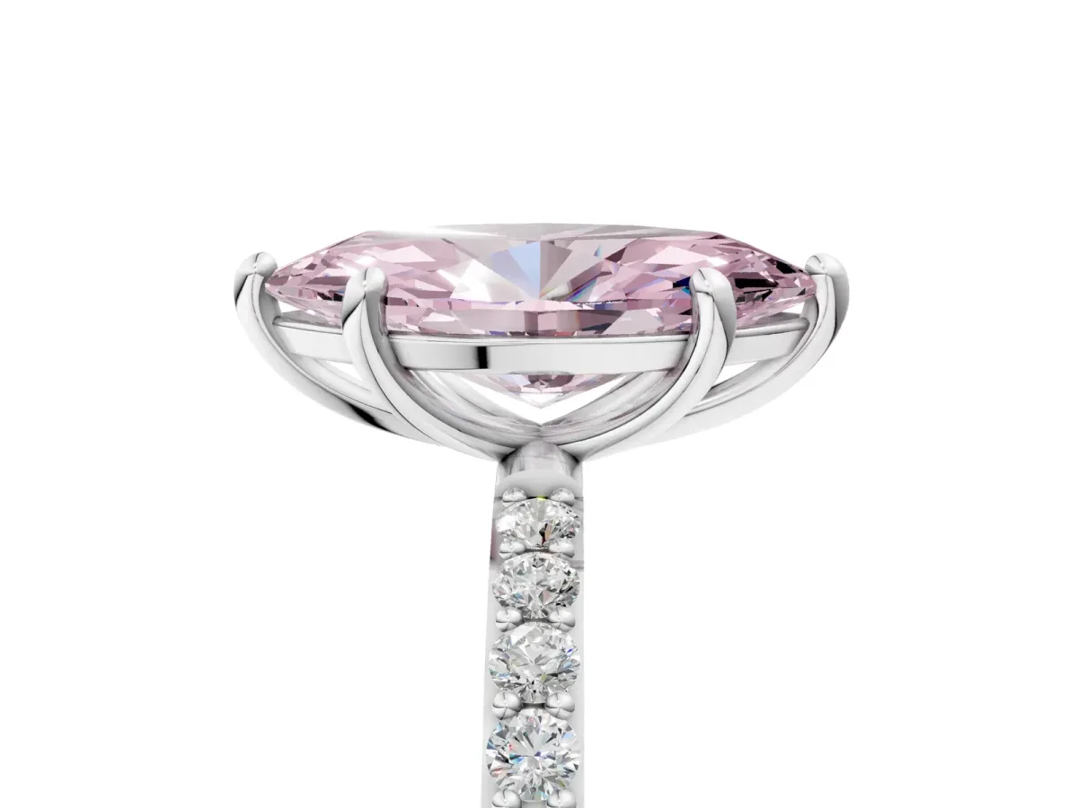 Fancy Pink Marquise Cut Diamond Solitaire Ring with Round Pavé Band and Prong Setting Silver