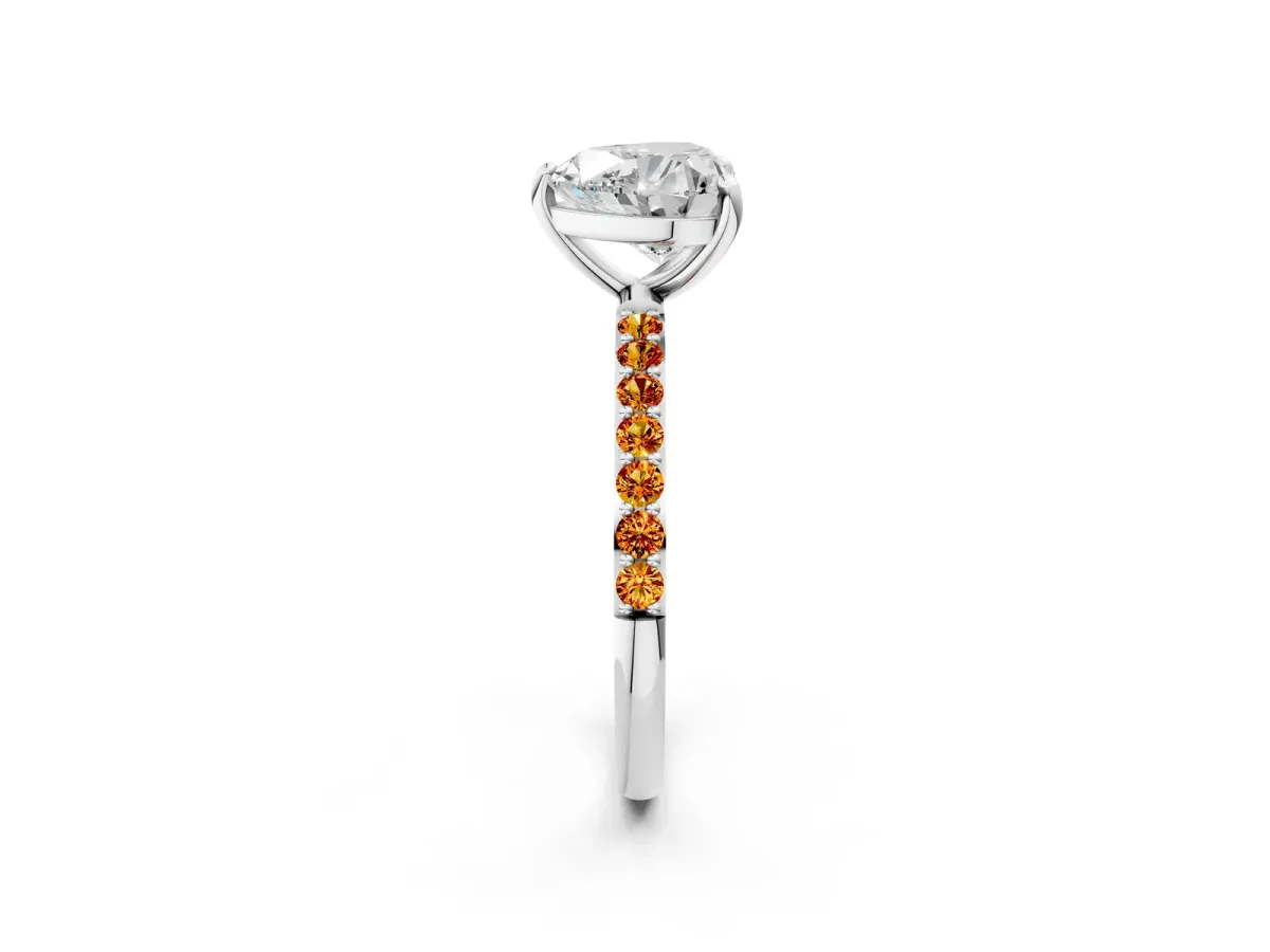 Heart Cut Diamond Solitaire Ring with Round Citrine Pavé Band and Prong Setting Silver