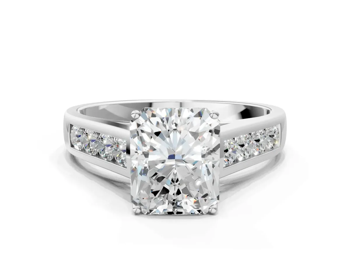 Radiant Cut Solitaire Channel-Set Diamond Engagement Ring with Four-Prong Setting Platinum