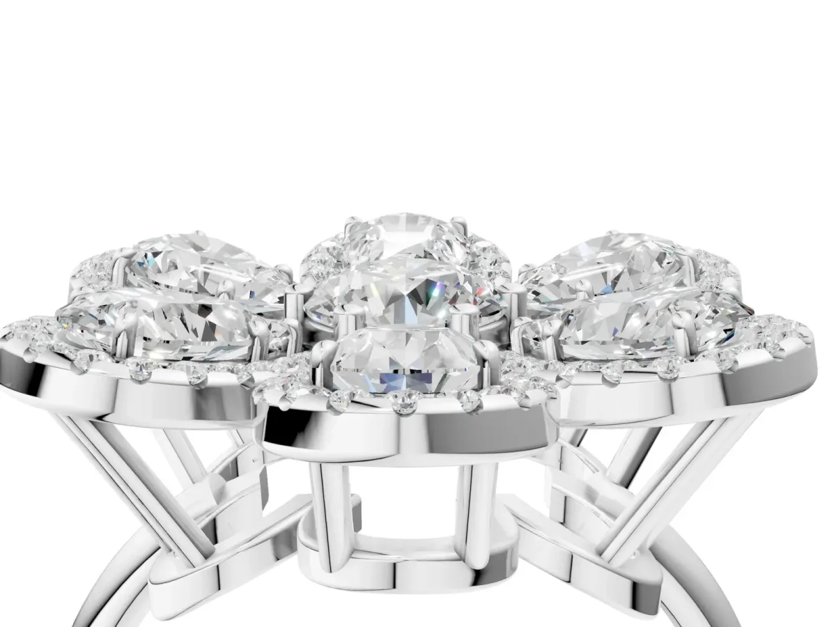 Pear Diamond Floral Promise Ring with Round Diamond Center Silver