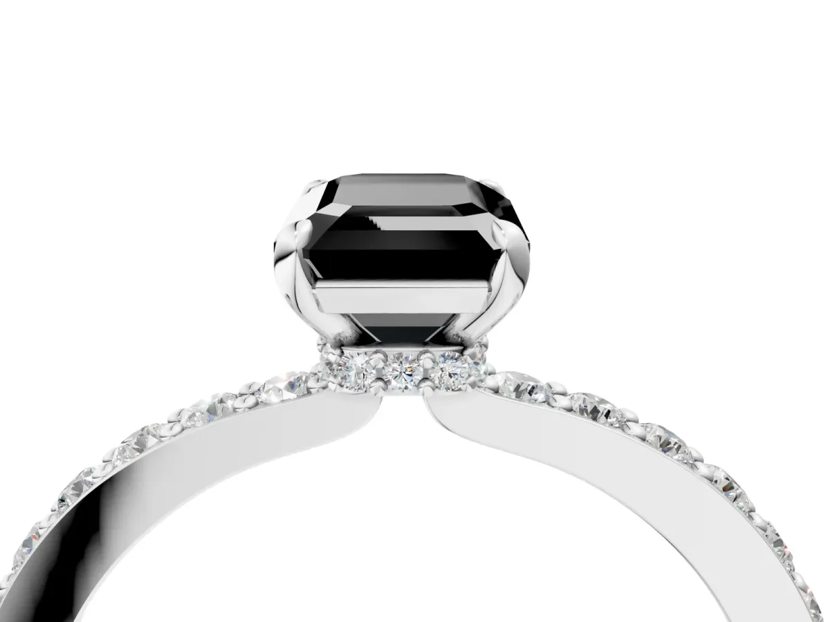 Fancy Black Emerald Cut Diamond Solitaire Engagement Ring with Pavé Band and Four-Prong Setting Silver